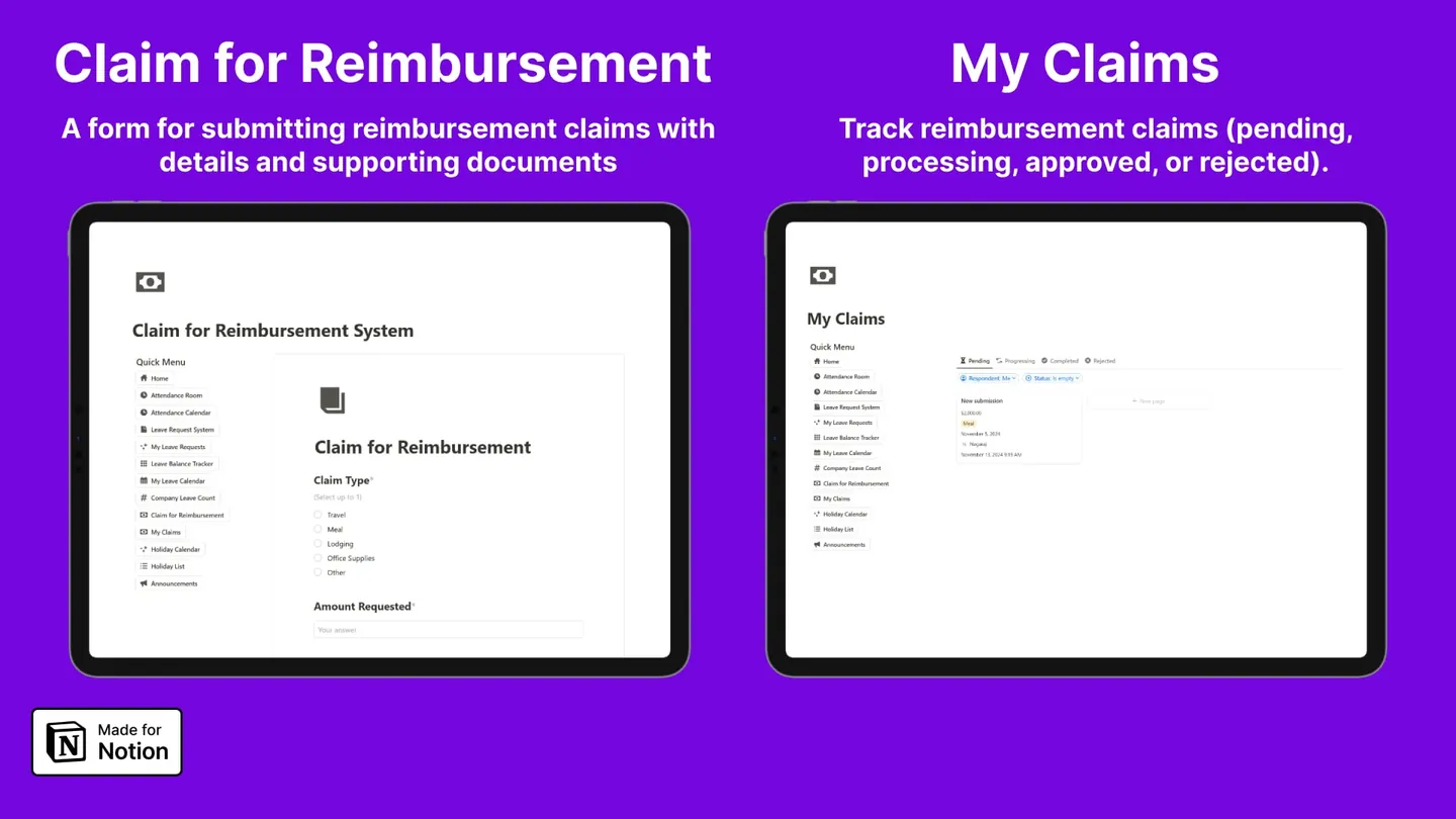 Reimbursement claim form and claim status tracker in the Notion HR template