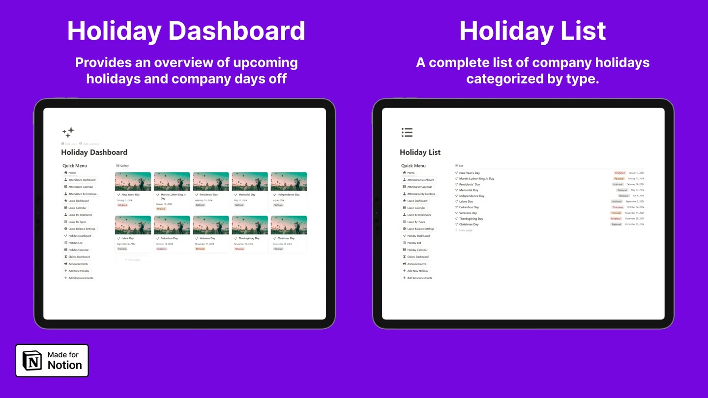 Holiday dashboard and company holiday list in the Notion HR template