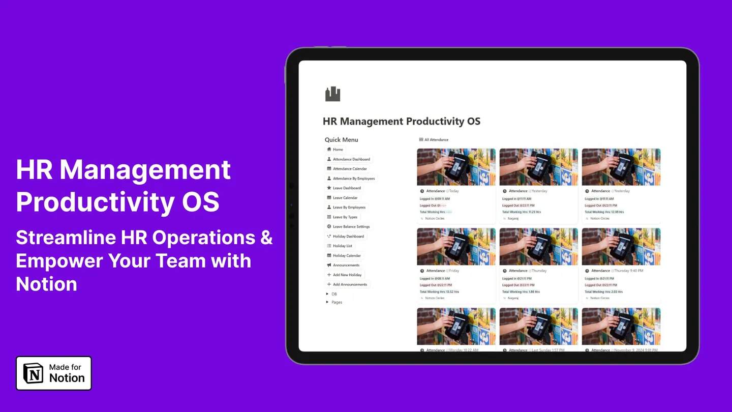 HR Management Productivity OS Notion template shown on a tablet, with the attendance dashboard and quick menu